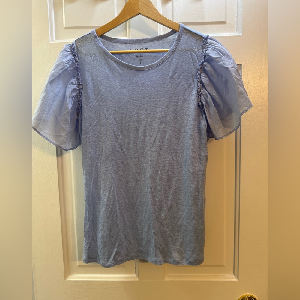 LOFT Linen Puff Sleeve Top Size Small Blue Short Sleeve Blouse Lightweight Summe